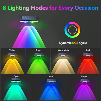 TECKNET Solar Fence Lights Outdoor 8 Pack, Warm White & 6 Colors & RGB, IP66 Waterproof LED Deck Light, Dusk to Dawn Fence Lights Solar for Wall, Railing, Step, Patio, Pool, Backyard, Outside