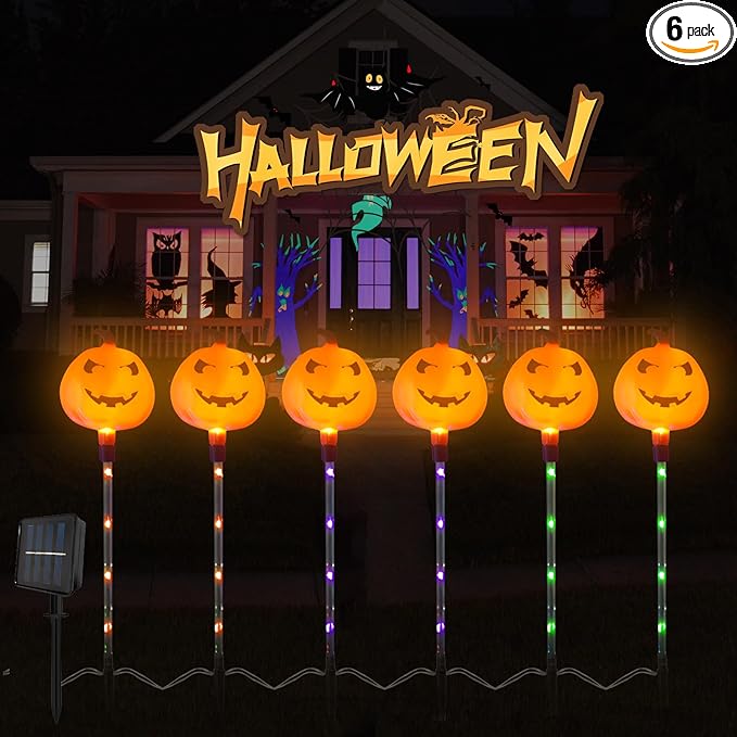Halloween Pumpkin Stake Lights, 6 Pack Outdoor Decorative Solar Pumpkin Lights, Waterproof Halloween Decorations for Party, Patio, Garden, Lawn & Yard Decor