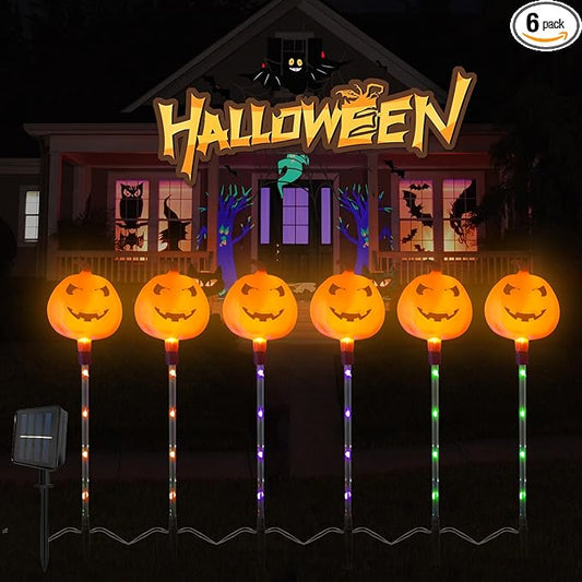 Halloween Pumpkin Stake Lights, 6 Pack Outdoor Decorative Solar Pumpkin Lights, Waterproof Halloween Decorations for Party, Patio, Garden, Lawn & Yard Decor