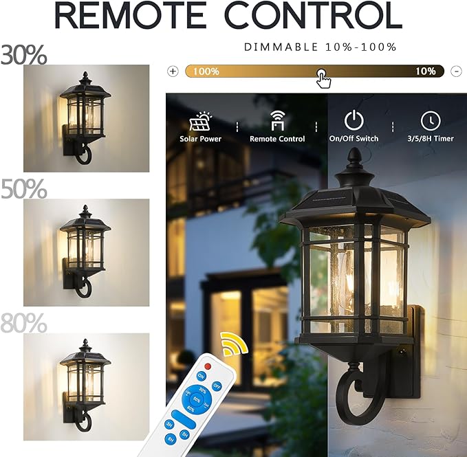 Emliviar Solar LED Wall Light Outdoor,Dusk to Dawn Solar Porch Light with Remote Control, Black Finish with Seeded | Lumora