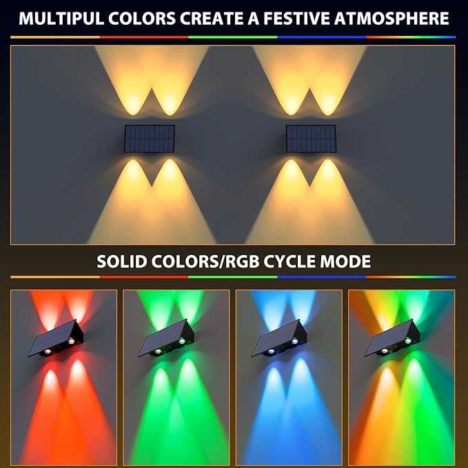 Solar Fence Lights,6 Pack Solar Lights Outdoor Warm White+RGB Up & Down Waterproof 100 Lumens Dusk to Dawn for | Lumora