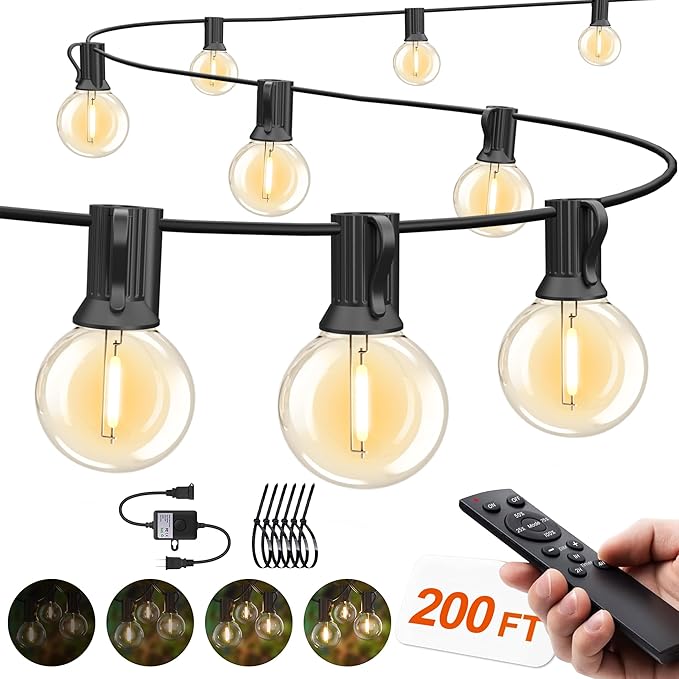 Outdoor-String-Lights-Patio-LED-Light-Outside 200FT Waterproof Dimmer Remote Outdoor Lighting with 3 Modes G40 Globe Plastic LED Bulbs Hanging Lights Connectable for Backyard Yard Porch Party