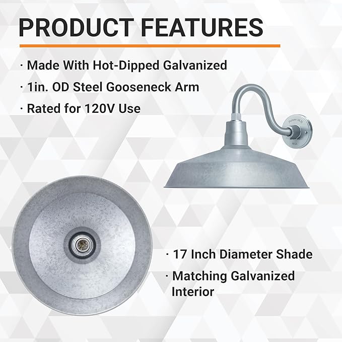 17in. Galvanized Finish Outdoor Gooseneck Barn Light Fixture with 10in. Long Extension Arm - Wall Sconce Farmhouse | Lumora