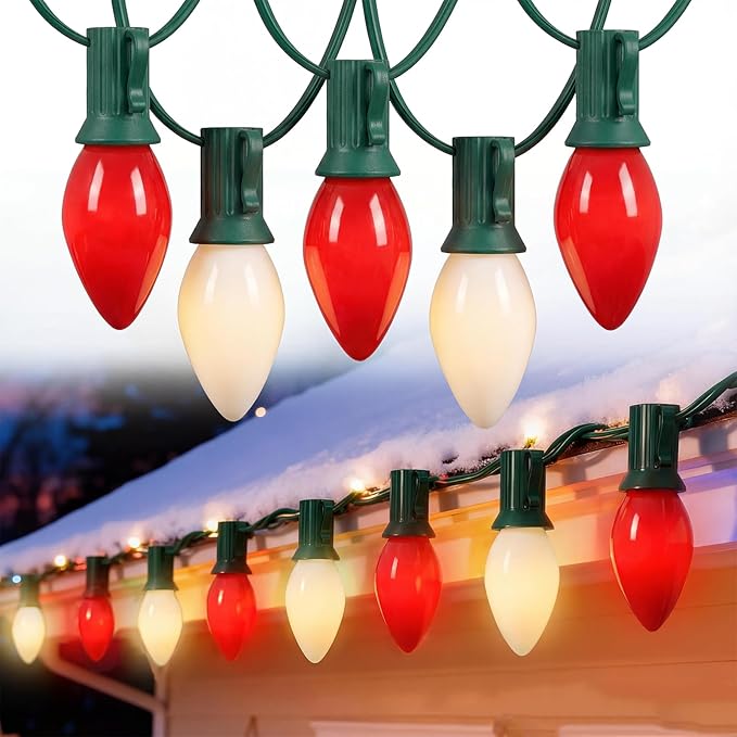 C7 LED Christmas Lights,25ft Red and White Outdoor String Lights with 27 Ceramic Bulbs(2 Spare), Plug-in Vintage Commercial Christmas Lights String for Outside Roofline Patio Holiday Decor