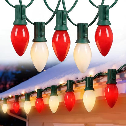 C7 LED Christmas Lights,25ft Red and White Outdoor String Lights with 27 Ceramic Bulbs(2 Spare), Plug-in Vintage Commercial Christmas Lights String for Outside Roofline Patio Holiday Decor