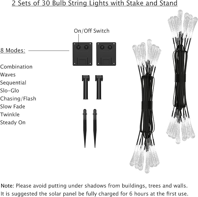 Pure Garden Outdoor String Lights 2-Pack - 20.5FT Solar Lights with 30 LED Bulbs and 8 Light Modes for Patio, Backyard, and Events (Cool White)
