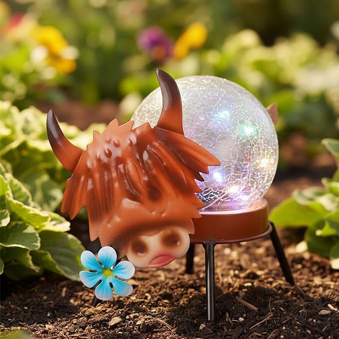 Solar Lights Outdoor Highland Cow Decor with Crackle Glass Globe Lights - Cute Metal Cow - Garden Figurine Light | Lumora