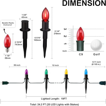 C9 Christmas Pathway Lights Outdoor, 24.2 Feet 20 LED String Lights With Stakes, Waterproof Connectable Decorations for Yard, Garden, Walkway, Driveway, Sidewalk, Multicolored, 2 Pack