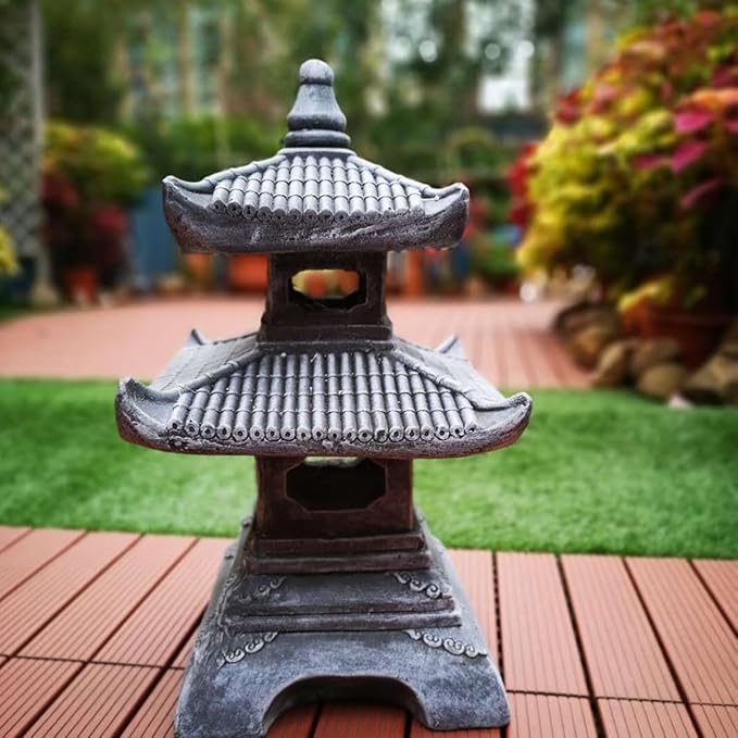 Outdoor Zen Garden Lantern - 2 Tier Pagoda Garden Statue, Stone Lantern, Japanese Style for Zen Lawn Garden Decoration and Christmas Ornament (Dark Gray)