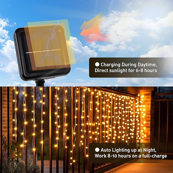 Curtain Lights for Stair Railing, 300 LED 20Ft x 3Ft Solar Powered Outdoor String Lights, Warm White Tangle-Free Decorative Light with 8 Modes for Stairs, Balcony, Fences, Eaves, Porch Décor