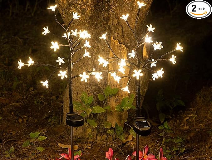 Solar Flower Fairy Light, Warm White Stainless Steel Solar Path Lights for Outdoor Landscape Lighting, Lawn, Patio, Yard, Walkway, Driveway, Garden (Warm White) (2 Pieces)