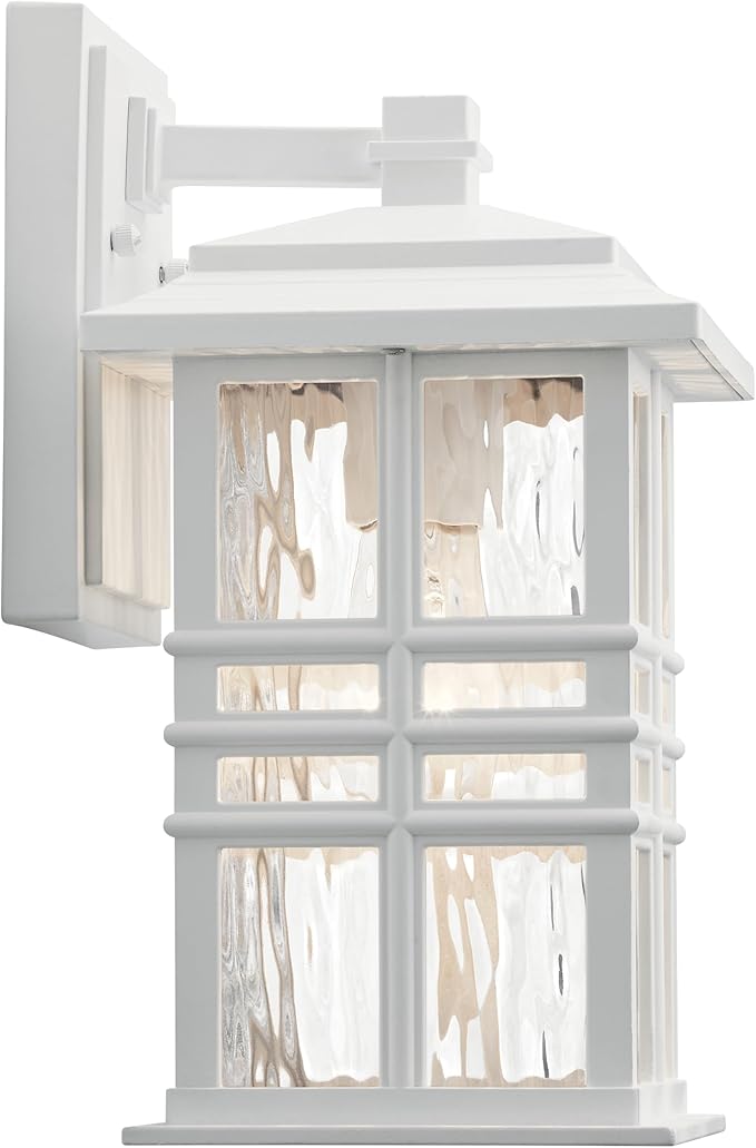 Kichler Beacon Square 12" Outdoor Wall Light in White, 1-Light Exterior Wall Sconce with Clear Hammered Glass, (12" | Lumora