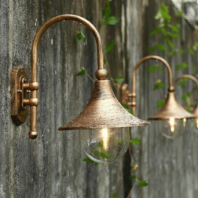 Vintage Gooseneck Outdoor Wall Sconce, Aluminum Exterior Wall Lantern with Glass Shade, Hardwired Porch Light Fixture for Patio, Garage, Farmhouse(Bronze)
