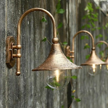 Vintage Gooseneck Outdoor Wall Sconce, Aluminum Exterior Wall Lantern with Glass Shade, Hardwired Porch Light Fixture for Patio, Garage, Farmhouse(Bronze)