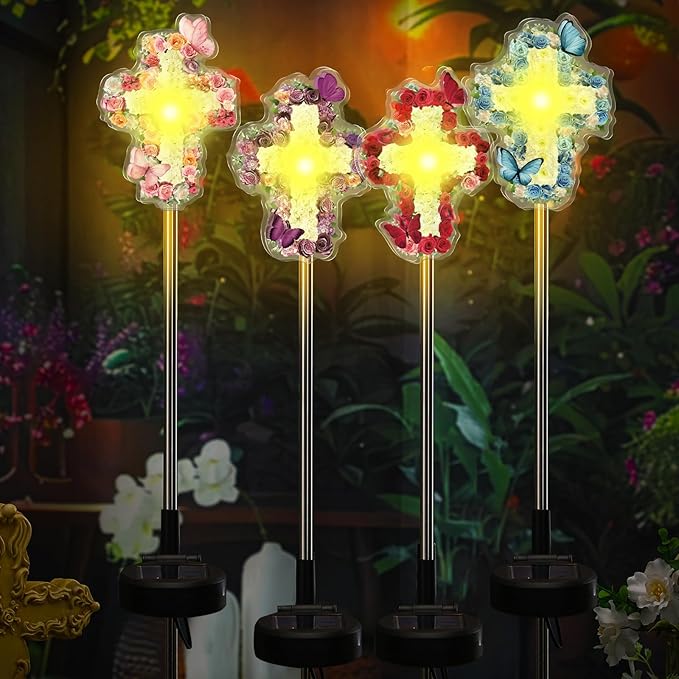 Retisee 4 Pack Easter Flowers Cross Garden Stake Solar Lights Decoration Outdoors Cemetery Yard Decor Jesus Cross Sympathy Memorial Gift Waterproof for Garden Lawn Patio Pathway Decor