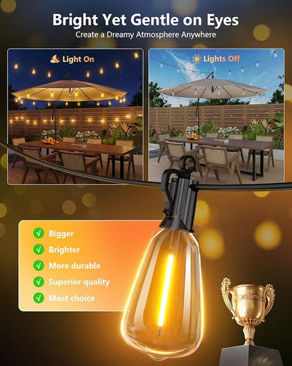 Brightown 52FT Solar String Lights Outdoor Waterproof with Remote, 15+1 LED Shatterproof Bulbs, Dimmable & Timable, 3 Light Modes - Commercial Grade Patio Lights for Garden Backyard Party Decor