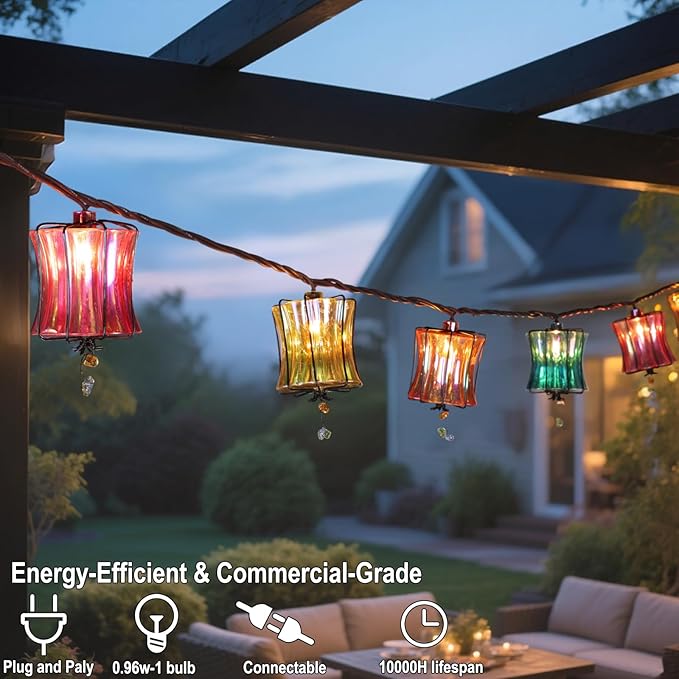 Outdoor String Lights Plug in with 10 Incandescent Bulbs, Multicolor Patio Lights Connectable Weatherproof Decorative Lantern String Lights for Gazebo Porch Bedroom Cottagecore Decor (Prism)