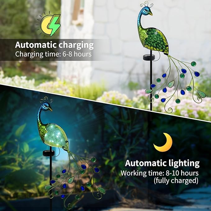 Peacock Solar Garden Stake Lights Decorative, Waterproof Metal Glass Landscape Path Lights for Outdoor Patio Lawn Yard, Upgrade