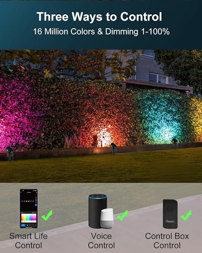 Ligency Spotlight Outdoor Smart Low Voltage Landscape Lights, 2 Pack Outdoor Spot Lights IP65 Waterproof RGBW Color Changing Spotlights for Yard Garden, 28.8Ft