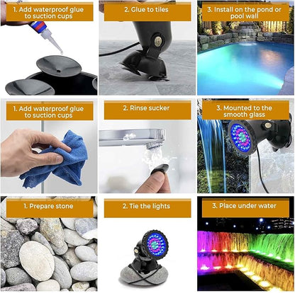 SHOYO Underwater Pond Lights, Colored Submersible Spot Lights, 36 LED Spotlight for Yard IP68 Waterproof Remote Control Multi-Color Dimmable Adjustable for Outdoor Fountain Landscape, Set of 6