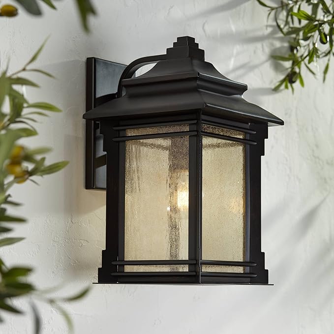 Franklin Iron Works Hickory Point Farmhouse Rustic Mission Outdoor Wall Light Fixture Bronze Lantern 16" Frosted | Lumora