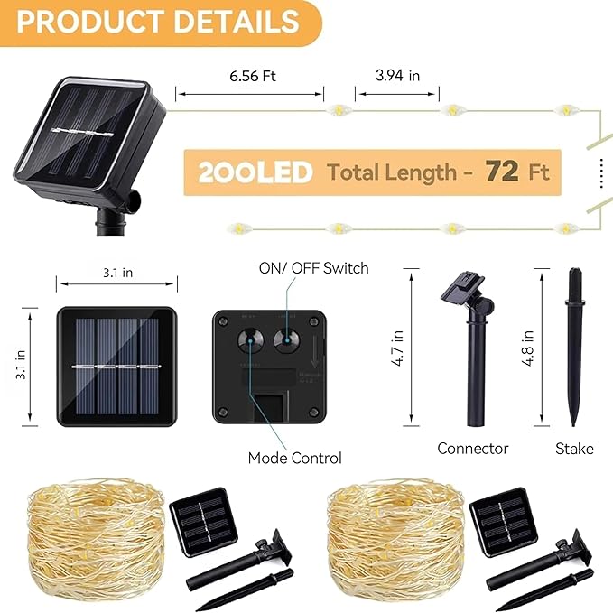72ft 200LED Solar String Lights Outdoor with 8 Modes & Waterproof - Warm White Solar Fairy Lights for Garden | Lumora