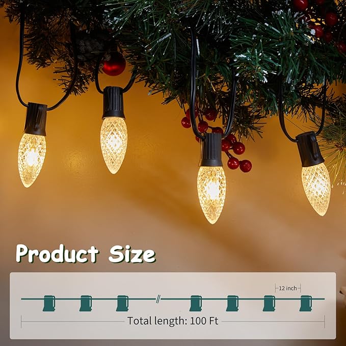 Minetom C9 Light Strand, 100 FT Christmas Stringer with 100 Sockets for Outdoor Patio Light, Connectable, Intermediate Base (C9/E17) - 12" Spacing, Black Wire, Note (Only Use for C9 LED Bulbs)