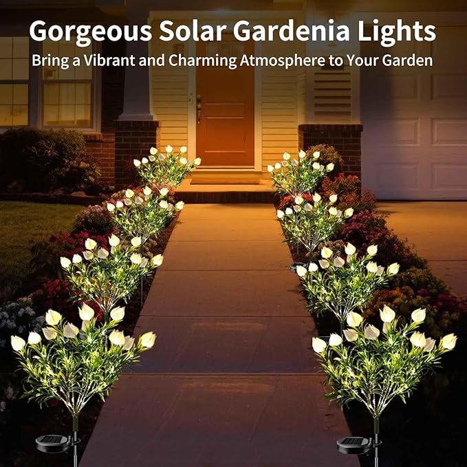Solar Garden Lights, 7 Heads Gardenia Colorful Flower Light Waterproof Solar Outdoor Lights for Yard Pathway Decor, Two Lightning Modes, 2 Pack White