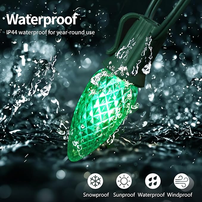 C9 LED Christmas Lights Outdoor 50FT with 50 Pcs(+2 Spare) C9 E17 Base Color Holiday Decor Bulbs for Indoor & Outdoor Use, Connectable, Weatherproof for Roof Decoration.