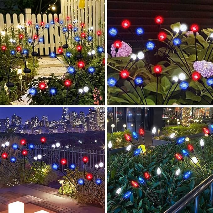 Solar Powered Garden Lights, Red White Blue Firefly Branch Lights, LED Decorative Stake Lights for Outdoor Pathway | Lumora
