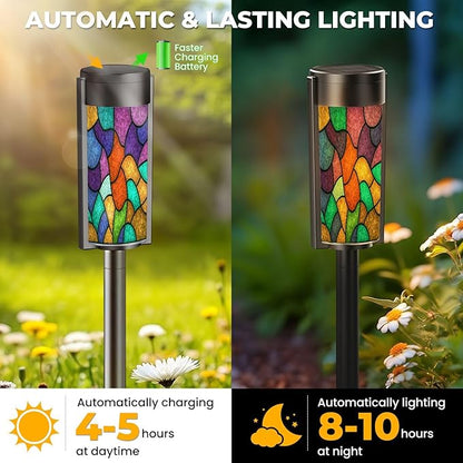 4 Pack Solar Pathway Lights Outdoor Waterproof Sketch Colorful Stained Glass Window Abstract Stained Glass Art Solar Garden Lights LED Landscape Lighting for Yard Walkway Lawn Garden Decor