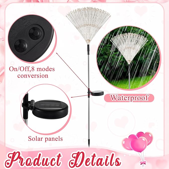 6 Pcs Valentine's Day Solar Firework Lights Solar Lights Outdoor Garden 120 LED 8 Modes Waterproof LED Sparkler Outdoor for Valentines Patio Yard Pathway Walkway (Red,White,Pink)