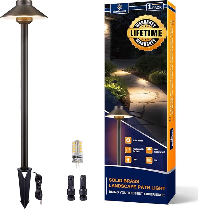 Gardenreet Outdoor Brass Pathway Lights - Low Voltage Landscape Path Lighting Wired, 12v Pathlight LED IP65 Waterproof, Hat-top Bronze for Outside Walkway Yard with 3W 270LM 2700K Warm White G4 Bulb