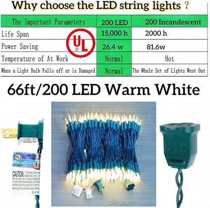 200 LED Warm White Christmas Lights, UL Certified and Commercial Grade 66ft Green Wire String Lights, for Indoor and Outdoor Party, Wedding, Garden, Patio.