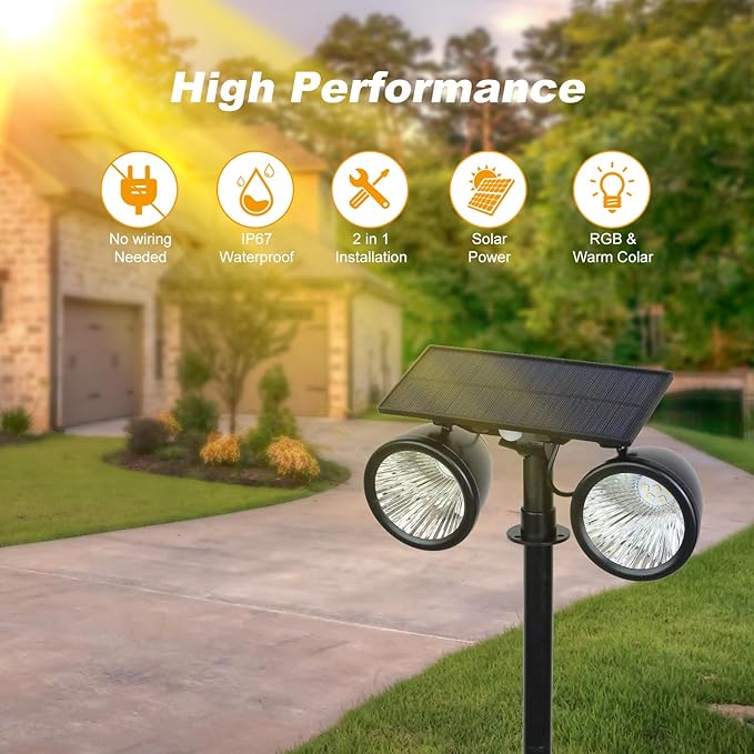 Solar Spotlights Outdoor, IP67 Waterproof 2-in-1 RGB Color Changing Double-Head Solar Lights, Christmas Landscape | Lumora
