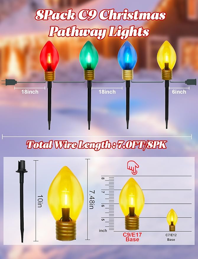 2 Pack 7FT LED Jumbo C9 Christmas Lights Pathway,4 Christmas Walkway Lights with Pathway Marker Stakes,Jumbo Clear Multicolor Big Light Bulb for Driveways Garden Holiday Christmas Decor