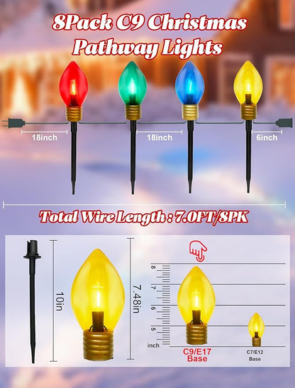 2 Pack 7FT LED Jumbo C9 Christmas Lights Pathway,4 Christmas Walkway Lights with Pathway Marker Stakes,Jumbo Clear Multicolor Big Light Bulb for Driveways Garden Holiday Christmas Decor