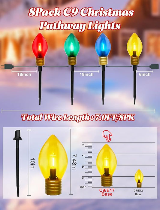 2 Pack 7FT LED Jumbo C9 Christmas Lights Pathway,4 Christmas Walkway Lights with Pathway Marker Stakes,Jumbo Clear Multicolor Big Light Bulb for Driveways Garden Holiday Christmas Decor