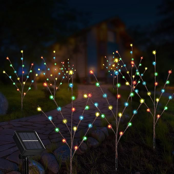 Retisee Garden Christmas Solar Lights - 2 Sets 8 Pcs LED Twig Stake Outdoor Decor - Solar Firefly Christmas Tree Light - 160 LED C6 Fairy Light for Lawn Pathway Xmas Yard Stake