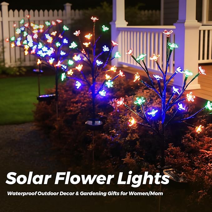 Solar Garden Lights Outdoor Garden Decor, 4 Pack Cherry Blossom Solar Flowers Outdoor Waterproof Fairy Solar Lights, Outside Yard Decorations for Patio Pathway Decor, Gardening Gifts for Women Mom