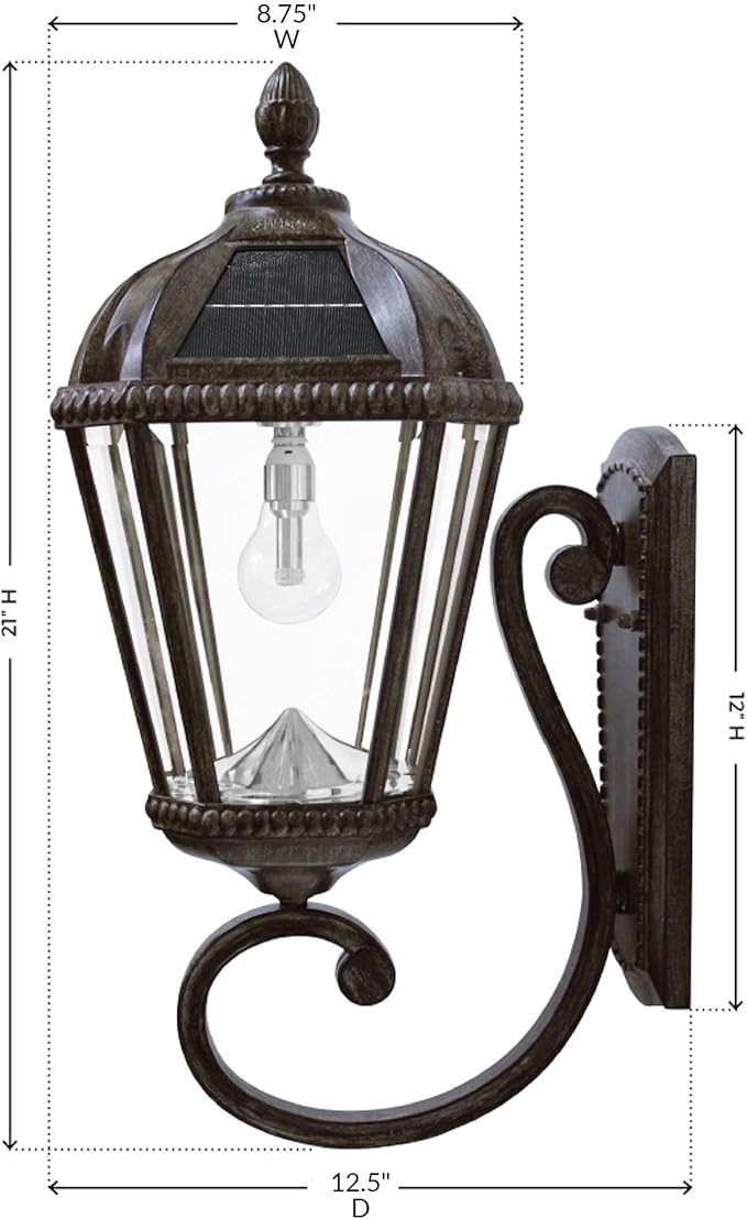 Gama Sonic Solar Outdoor Wall Light, Royal Bulb Exterior Sconce Lamp, Weathered Bronze Finish Aluminum, Rain Water | Lumora