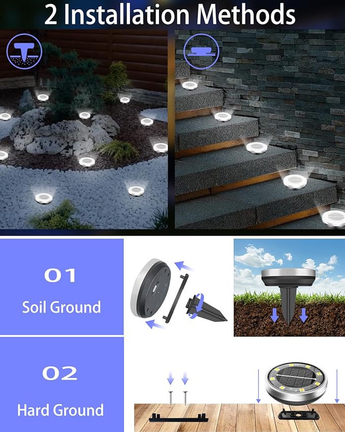 Solar Lights Outdoor Waterproof, 8 Pack 8 LED, Thickened Stainless Steel Ground Light, Solar Garden Lights | Lumora