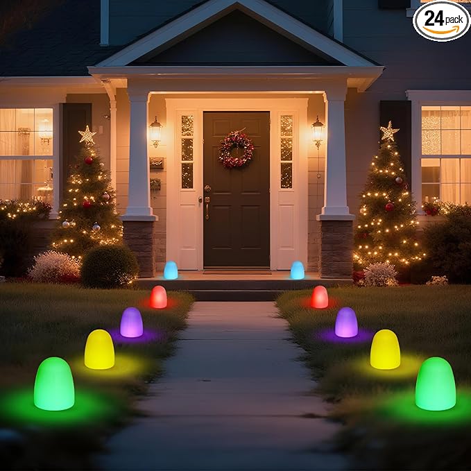 24 Pcs 6'' Gumdrop Christmas Pathway Solar Lights Waterproof 6 in 1 LED Gumdrop Solar Stake Light with 5 Colors for Xmas Path Lawn Garden Landscape Courtyard Sidewalk Driveway Walk Way Outdoor Light