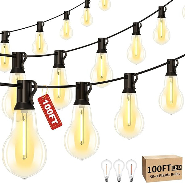 100FT LED Outdoor String Lights with 50+3 Shatterproof Bulbs(Gourd Shape), IP44 Waterproof, Commercial Grade Patio | Lumora