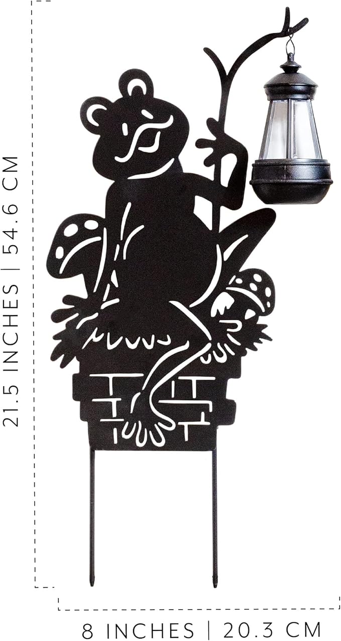 Frogs w/Lamp Solar Garden Stakes (2-Pack); Set of 2 Lawn Ornament Metal Silhouettes with Solar-Rechargeable Lanterns