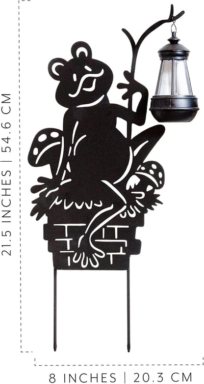 Frogs w/Lamp Solar Garden Stakes (2-Pack); Set of 2 Lawn Ornament Metal Silhouettes with Solar-Rechargeable Lanterns