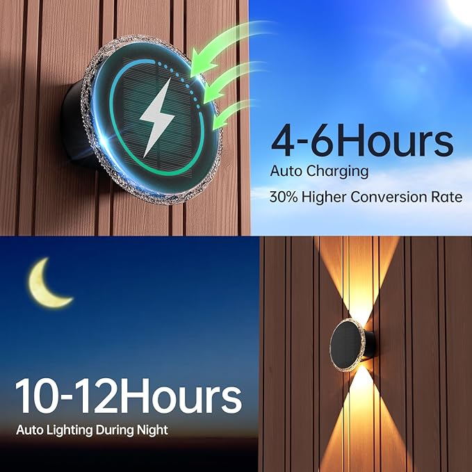 Ellasay Solar Fence Lights Outdoor: 360° Circular Lighting Solar Powered Wall Lights 12 Hours Long Runtime Up and Down Waterproof IP65 & 3 Modes High Brightness LED Focus Lens for Fence/Yard - 6 Pack
