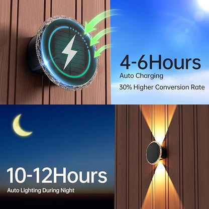 Ellasay Solar Fence Lights Outdoor: 360° Circular Lighting Solar Powered Wall Lights 12 Hours Long Runtime Up and Down Waterproof IP65 & 3 Modes High Brightness LED Focus Lens for Fence/Yard - 6 Pack