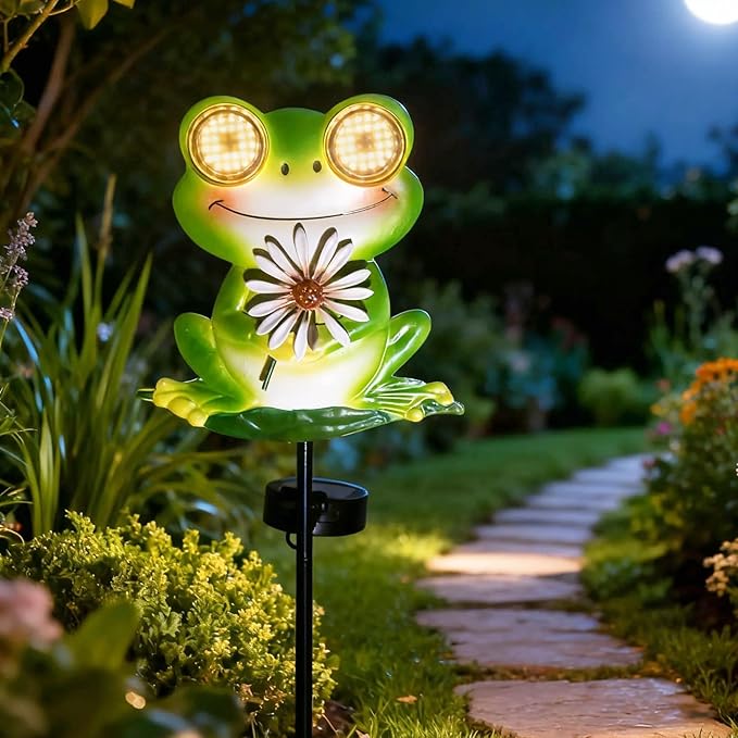 esgarden LEDs Dynamic Eyes Solar Stake Lights for Garden Frog Garden Gifts Metal Warm White Stakes Lights for Lawn Ornaments, Yard Art, Pathway, Patio Decorations Gift for Mom Dad Grandma