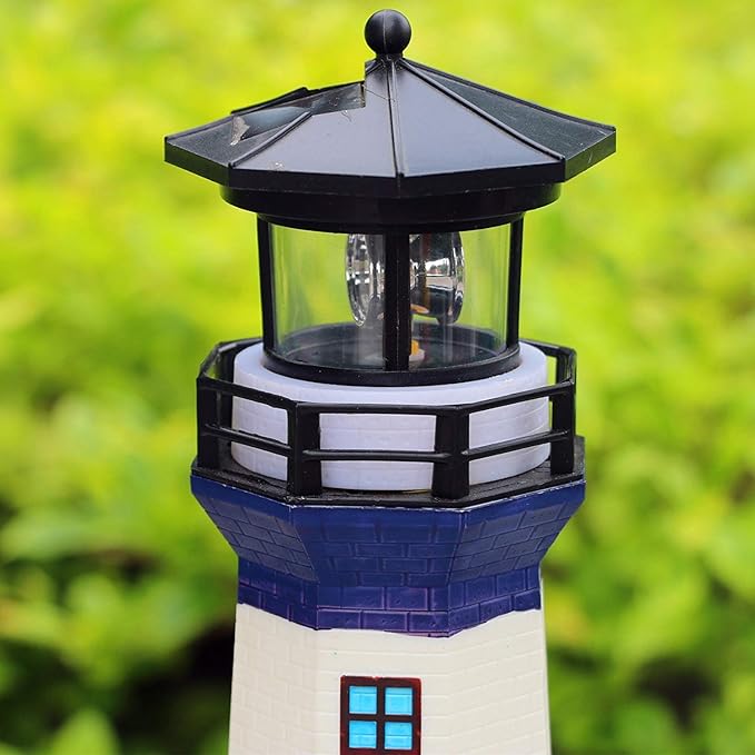 Solar Garden Lighthouse， White and Blue Lighthouse statutte with Rotating Lamp Outdoor Decorative LED Lights for Garden Patio Lawn